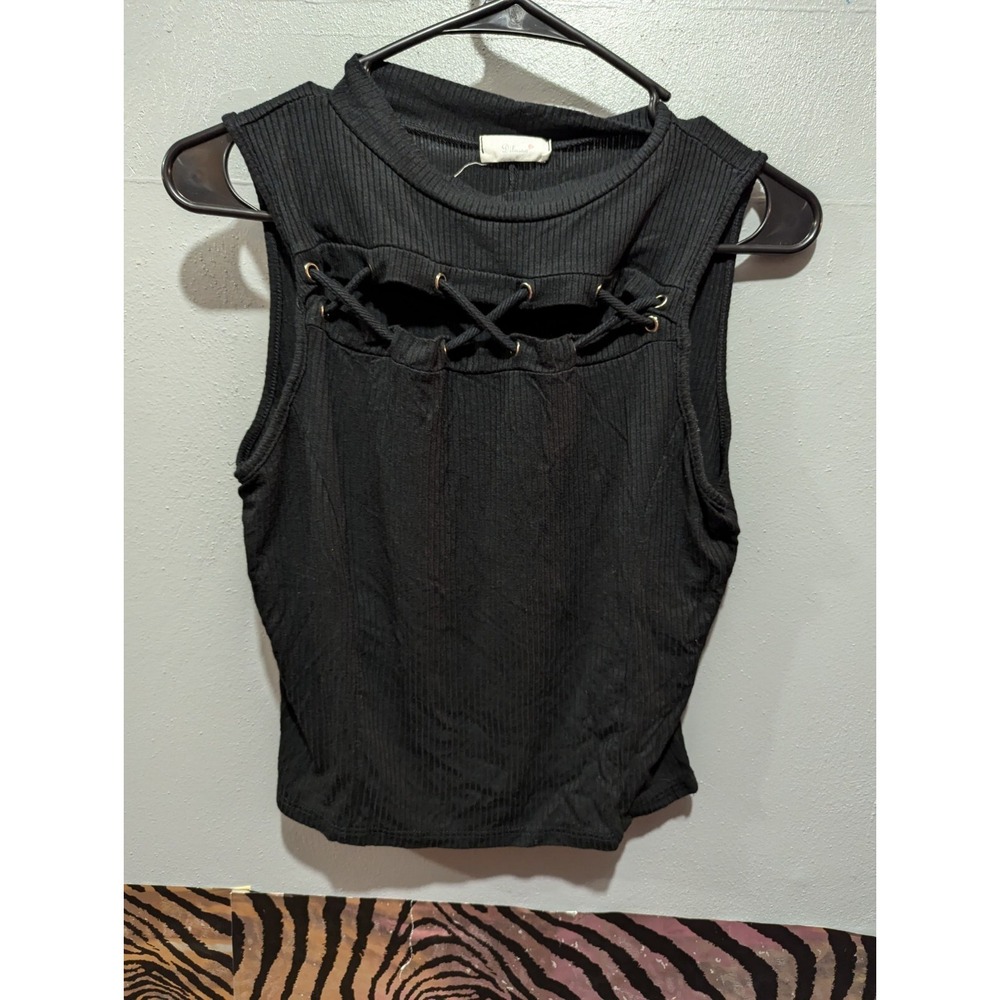 Dilusso juniors XL USA made black tank crop top cutout neck Criss cross grommets